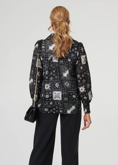 Izabel London Black Mosaic Print Button-Up Semi Sheer Shirt