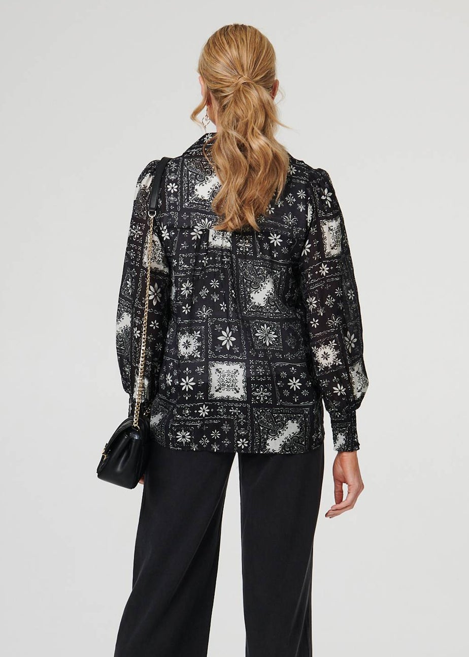Izabel London Black Mosaic Print Button-Up Semi Sheer Shirt