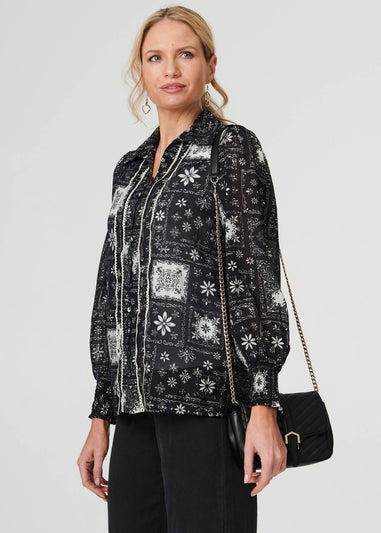 Izabel London Black Mosaic Print Button-Up Semi Sheer Shirt