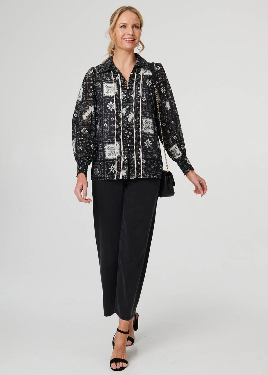Izabel London Black Mosaic Print Button-Up Semi Sheer Shirt