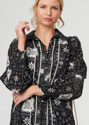 Izabel London Black Mosaic Print Button-Up Semi Sheer Shirt