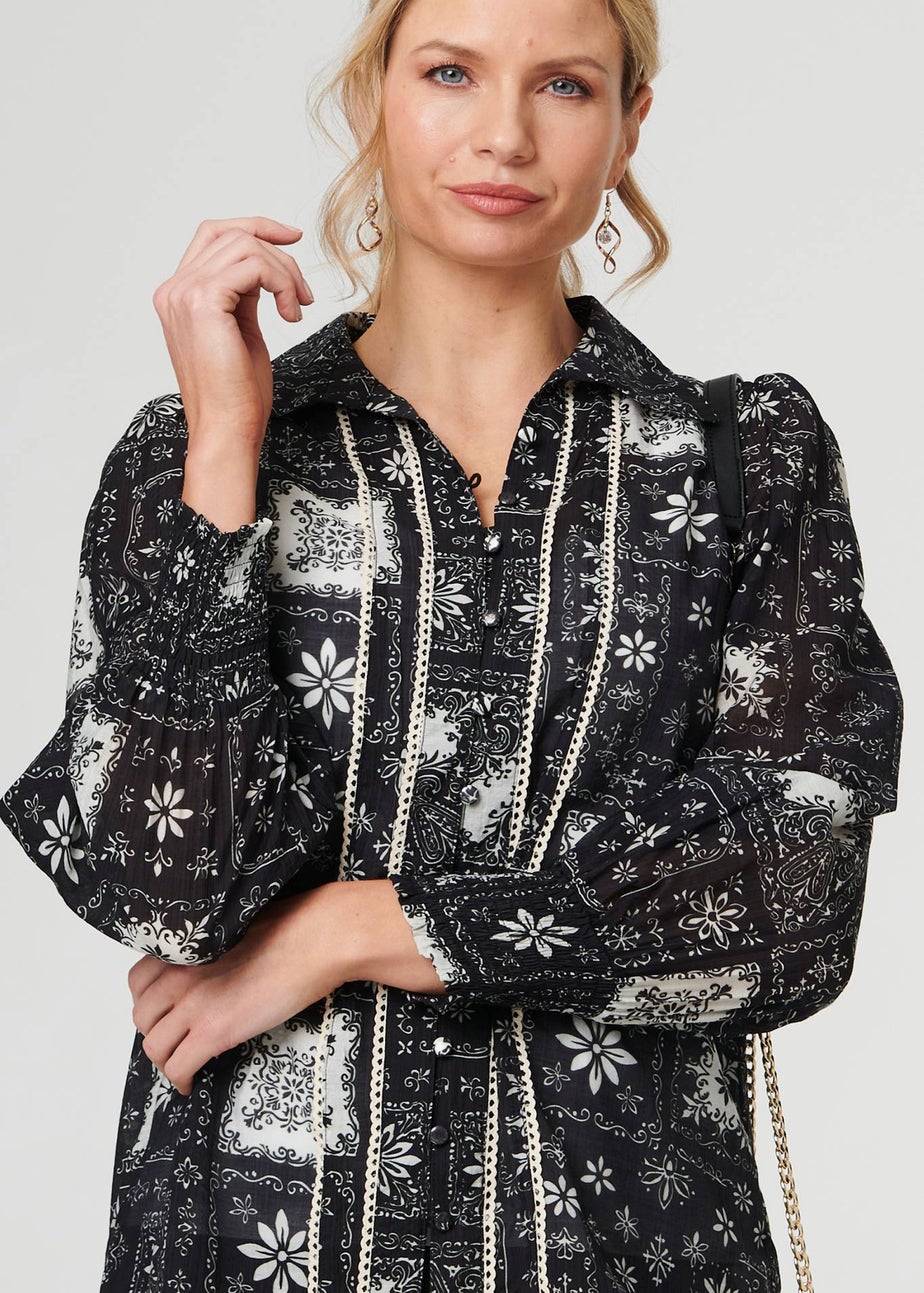 Izabel London Black Mosaic Print Button-Up Semi Sheer Shirt
