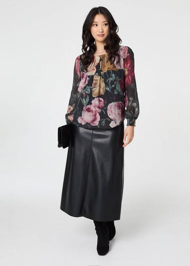 Izabel London Black Floral Long Puff Sleeve Pleated Blouse