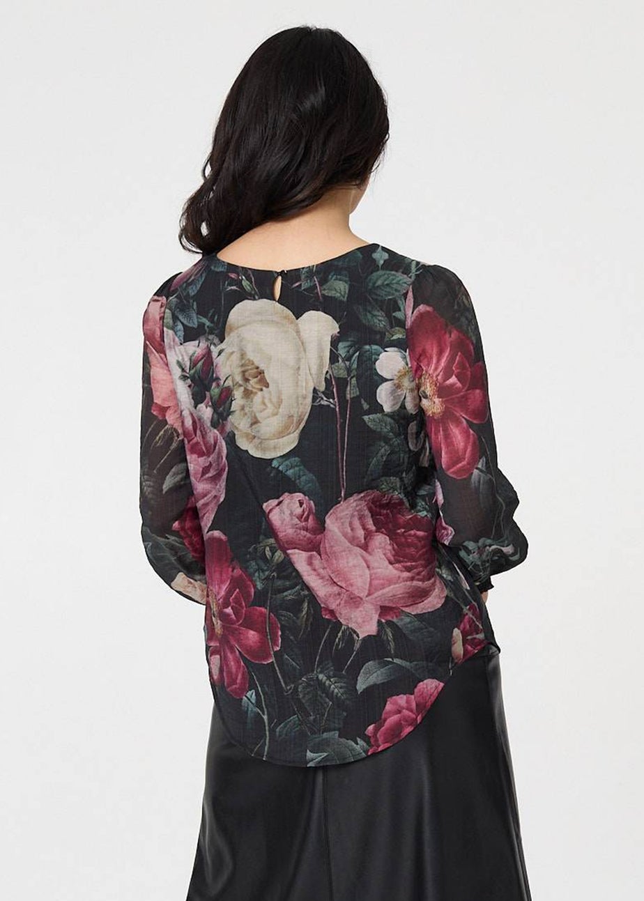 Izabel London Black Floral Long Puff Sleeve Pleated Blouse