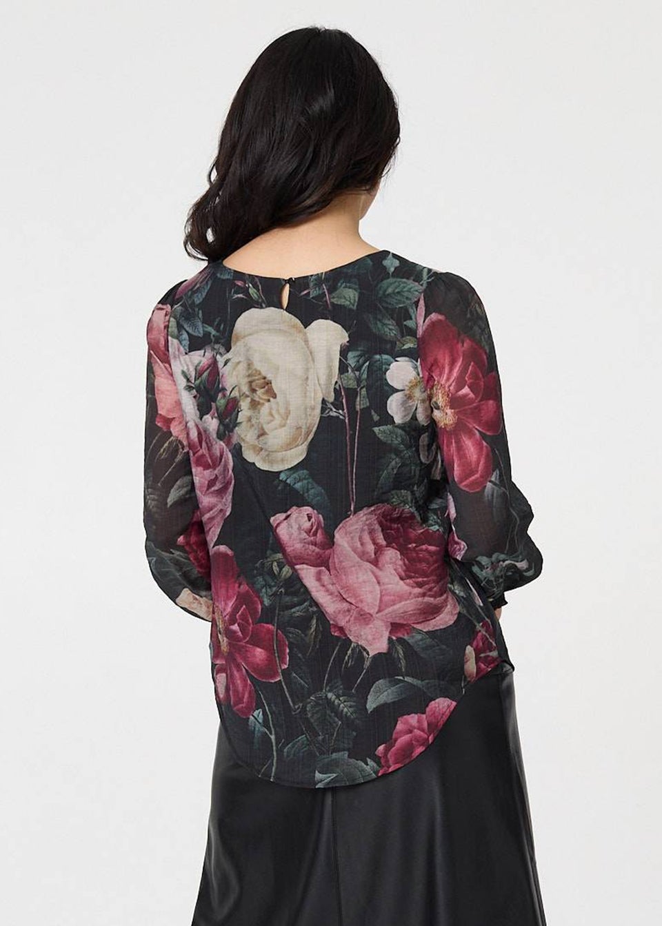 Izabel London Black Floral Long Puff Sleeve Pleated Blouse