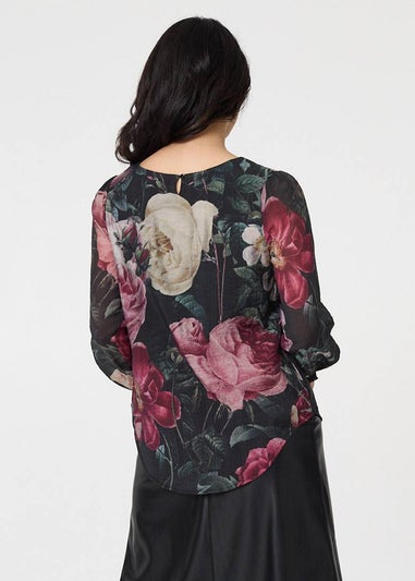 Izabel London Black Floral Long Puff Sleeve Pleated Blouse