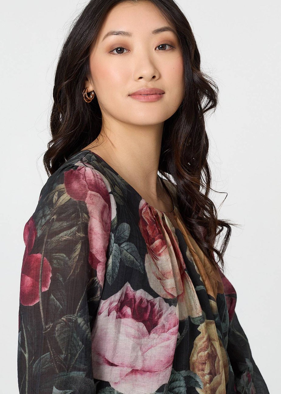 Izabel London Black Floral Long Puff Sleeve Pleated Blouse