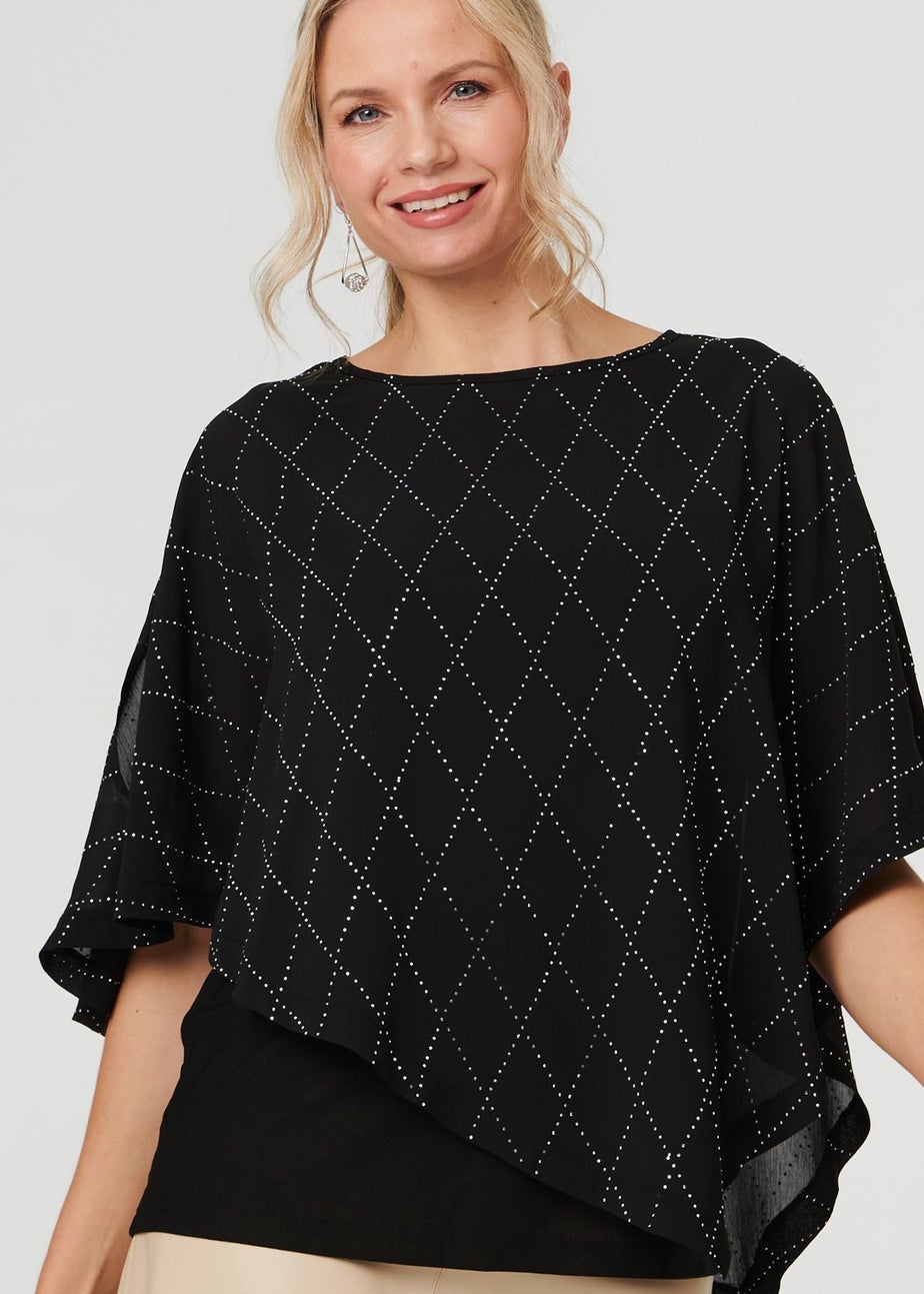 Izabel London Black Geo Print Cut-Out 1/2 Sleeve Blouse