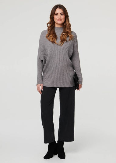 Izabel London Grey Striped Texture Batwing Sleeve Jumper