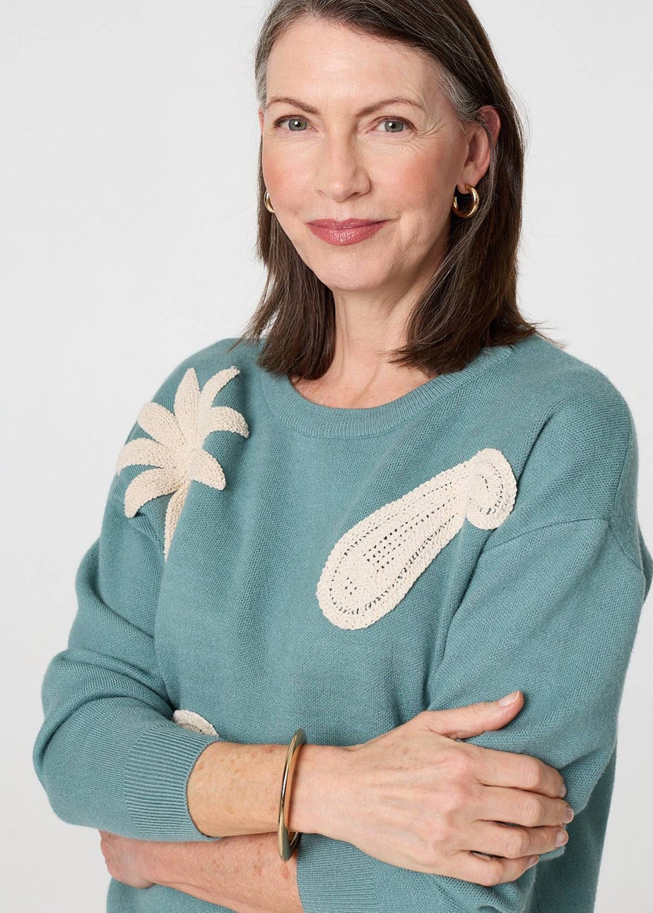 Izabel London Green Embroidered Front Long Sleeve Jumper