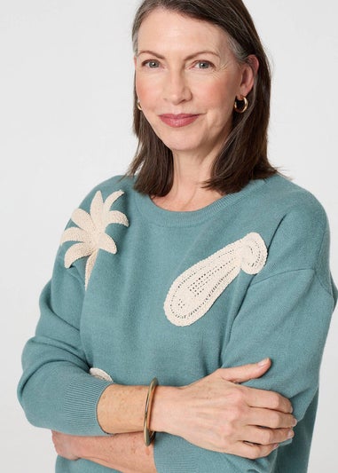 Izabel London Green Embroidered Front Long Sleeve Jumper