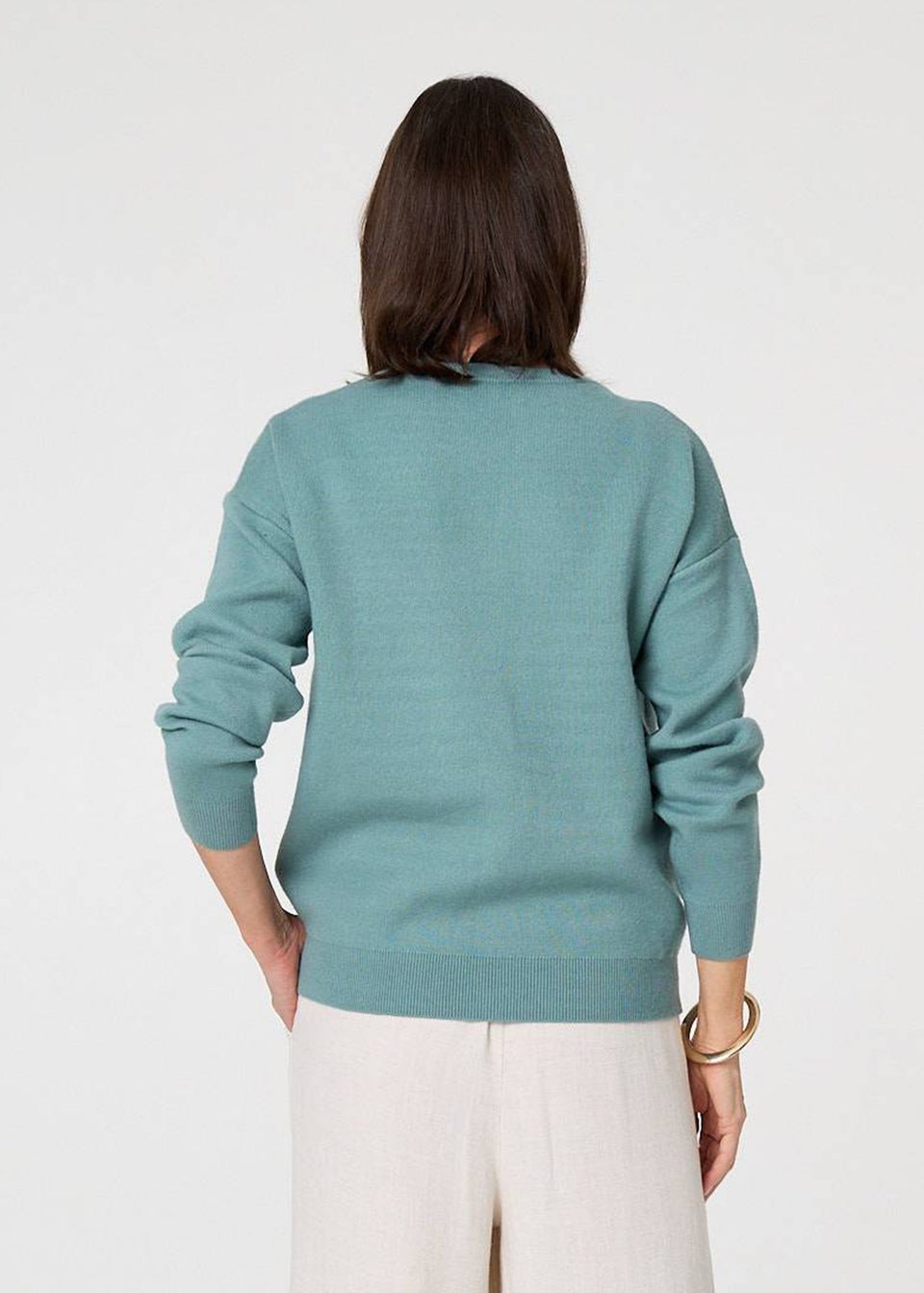 Izabel London Green Embroidered Front Long Sleeve Jumper