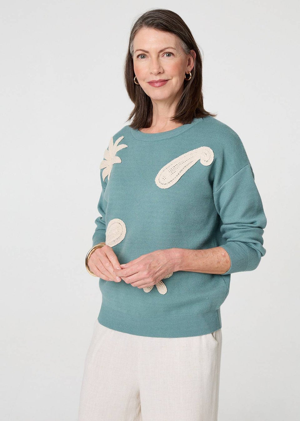 Izabel London Green Embroidered Front Long Sleeve Jumper