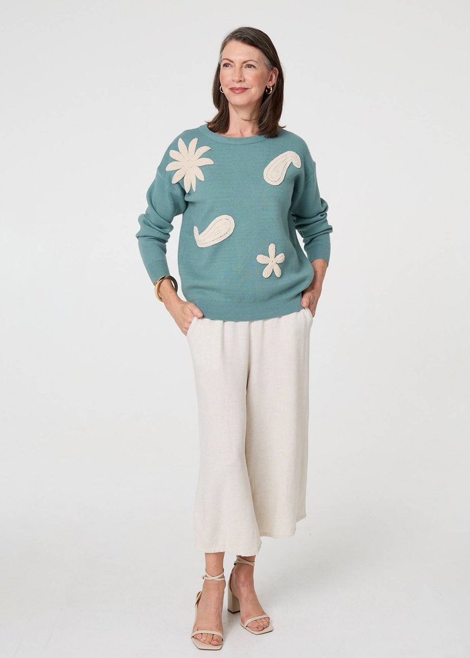 Izabel London Green Embroidered Front Long Sleeve Jumper