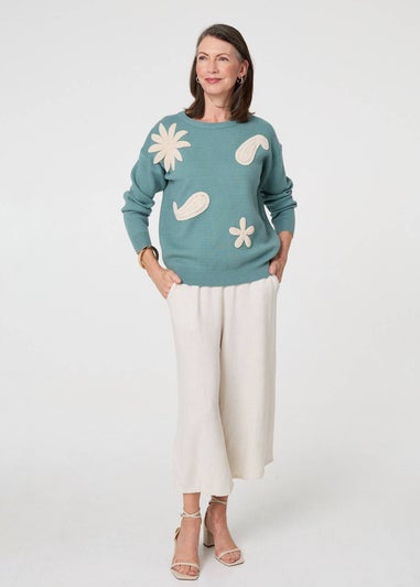 Izabel London Green Embroidered Front Long Sleeve Jumper