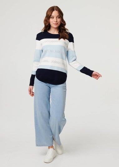 Izabel London Navy Diamante Trim Striped Slim Jumper