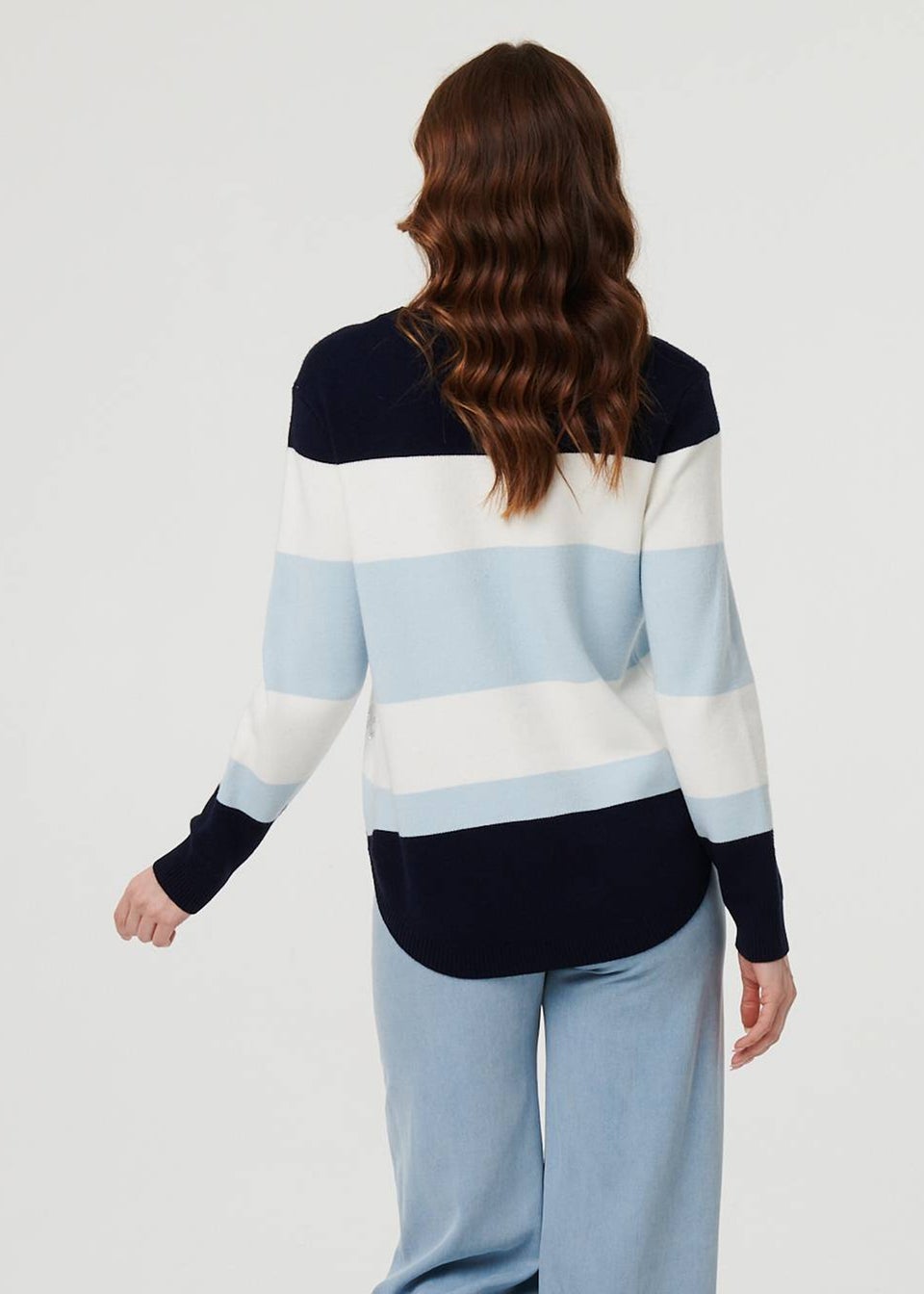 Izabel London Navy Diamante Trim Striped Slim Jumper