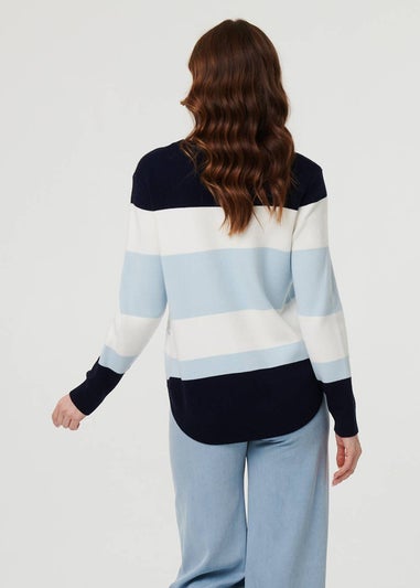 Izabel London Navy Diamante Trim Striped Slim Jumper