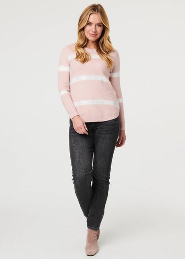 Izabel London Pink Sparkle Striped Long Sleeve Slim Jumper