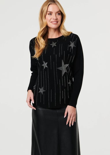 Izabel London Black Sparkly Star Front Batwing Sleeve Jumper
