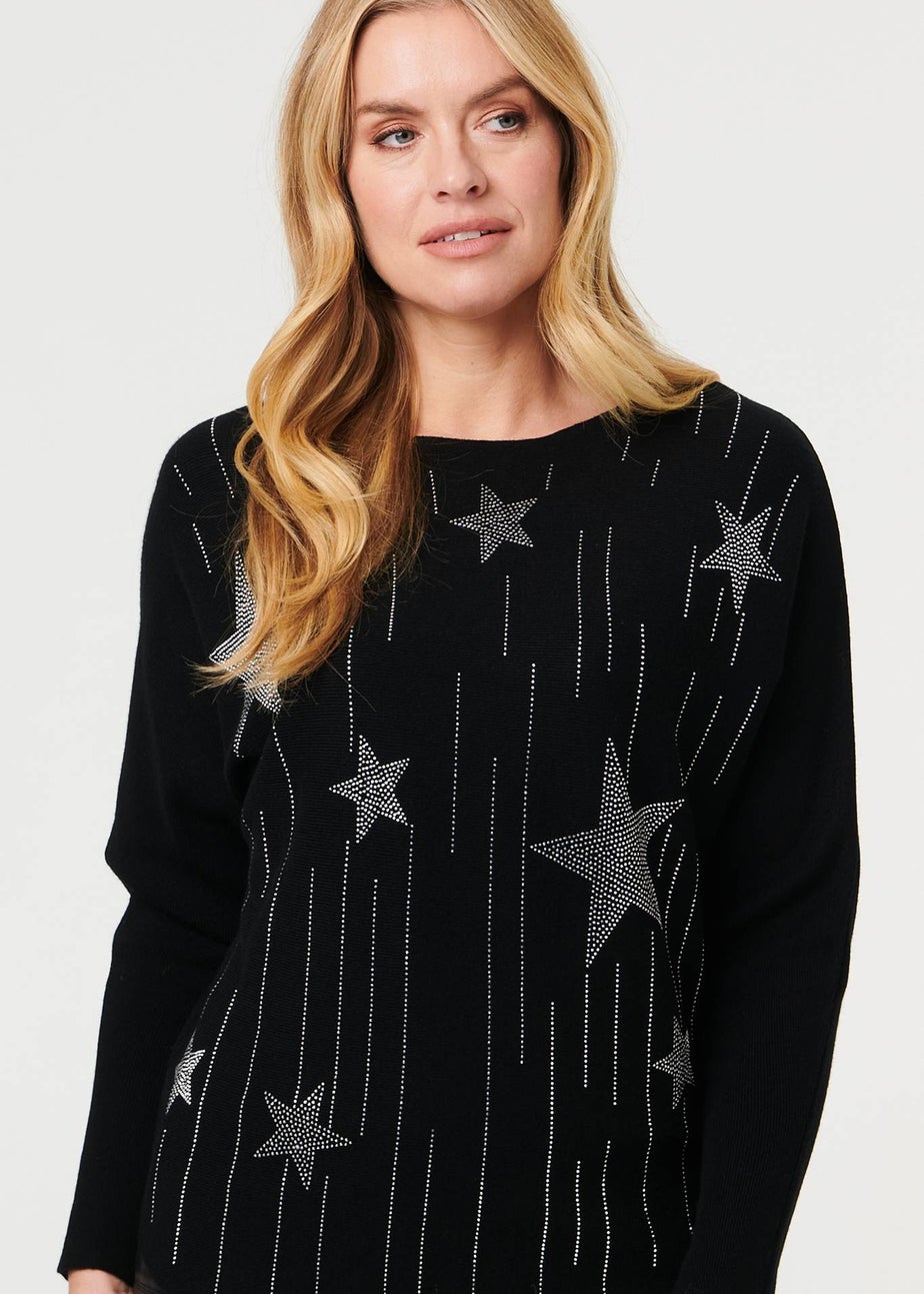 Izabel London Black Sparkly Star Front Batwing Sleeve Jumper