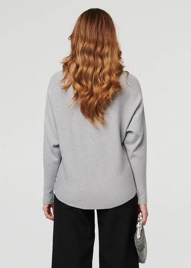 Izabel London Grey Sparkly Star Front Batwing Sleeve Jumper