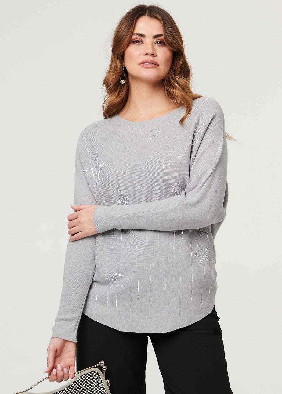 Izabel London Grey Sparkly Star Front Batwing Sleeve Jumper