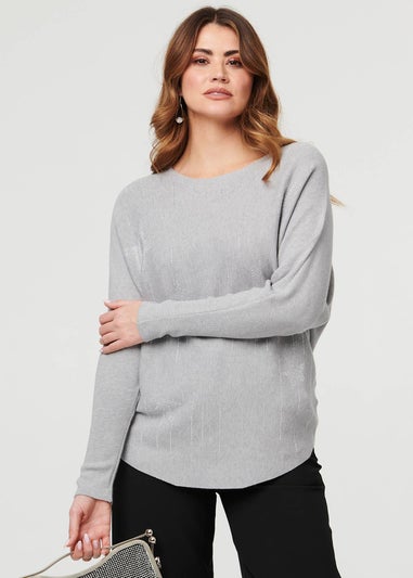 Izabel London Grey Sparkly Star Front Batwing Sleeve Jumper