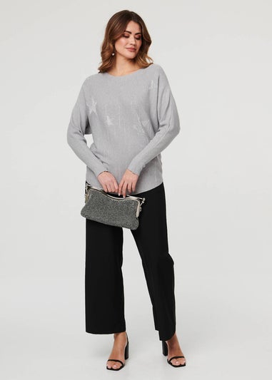 Izabel London Grey Sparkly Star Front Batwing Sleeve Jumper