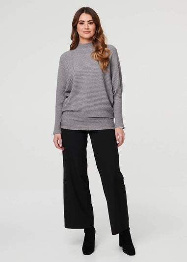 Izabel London Grey Striped Texture High Neck Relaxed Jumper