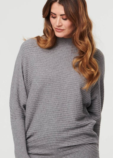 Izabel London Grey Striped Texture High Neck Relaxed Jumper