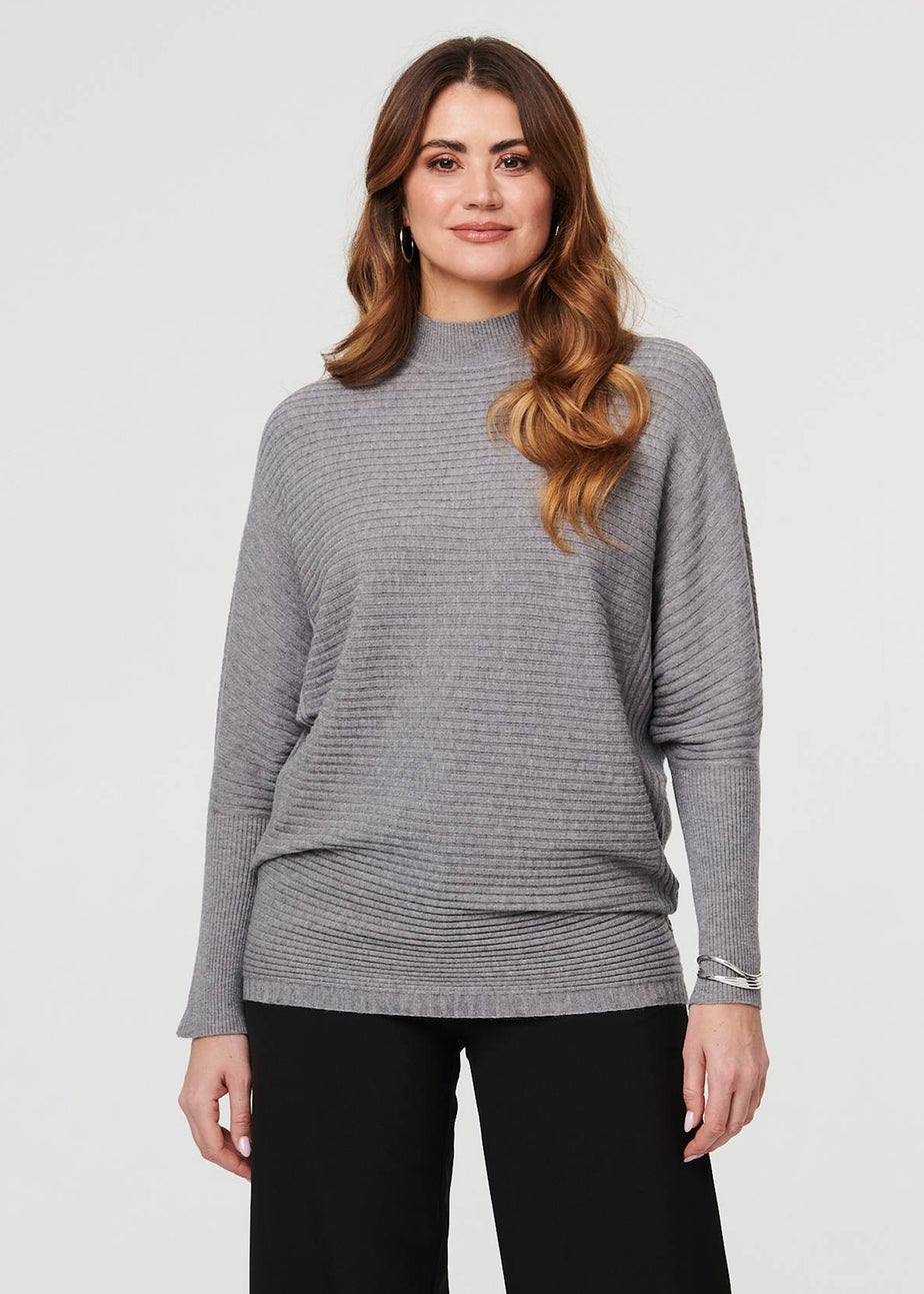 Izabel London Grey Striped Texture High Neck Relaxed Jumper