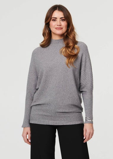 Izabel London Grey Striped Texture High Neck Relaxed Jumper