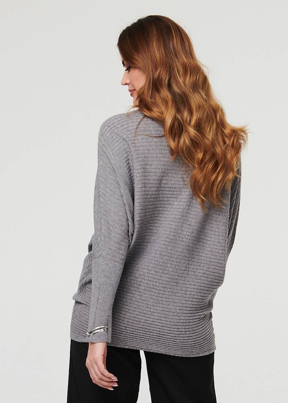 Izabel London Grey Striped Texture High Neck Relaxed Jumper