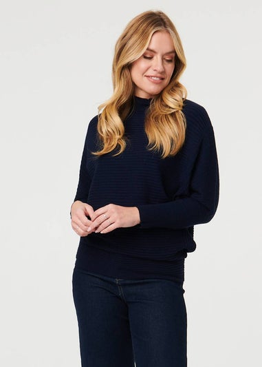 Izabel London Navy Striped Texture High Neck Relaxed Jumper
