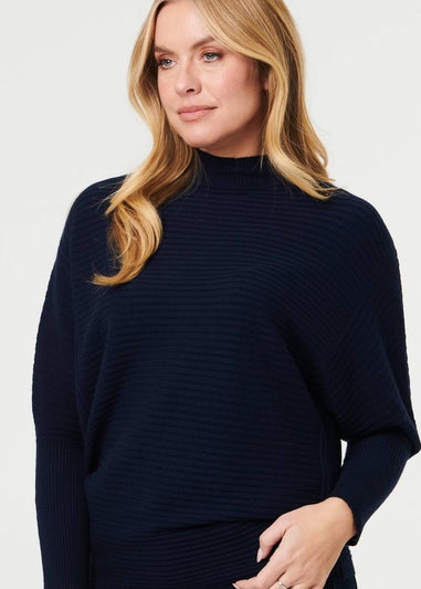Izabel London Navy Striped Texture High Neck Relaxed Jumper