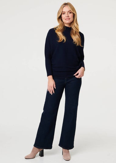 Izabel London Navy Striped Texture High Neck Relaxed Jumper