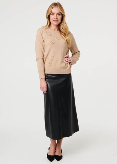 Izabel London Beige Floral Textured Detail Relaxed Jumper