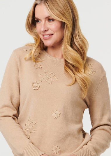 Izabel London Beige Floral Textured Detail Relaxed Jumper