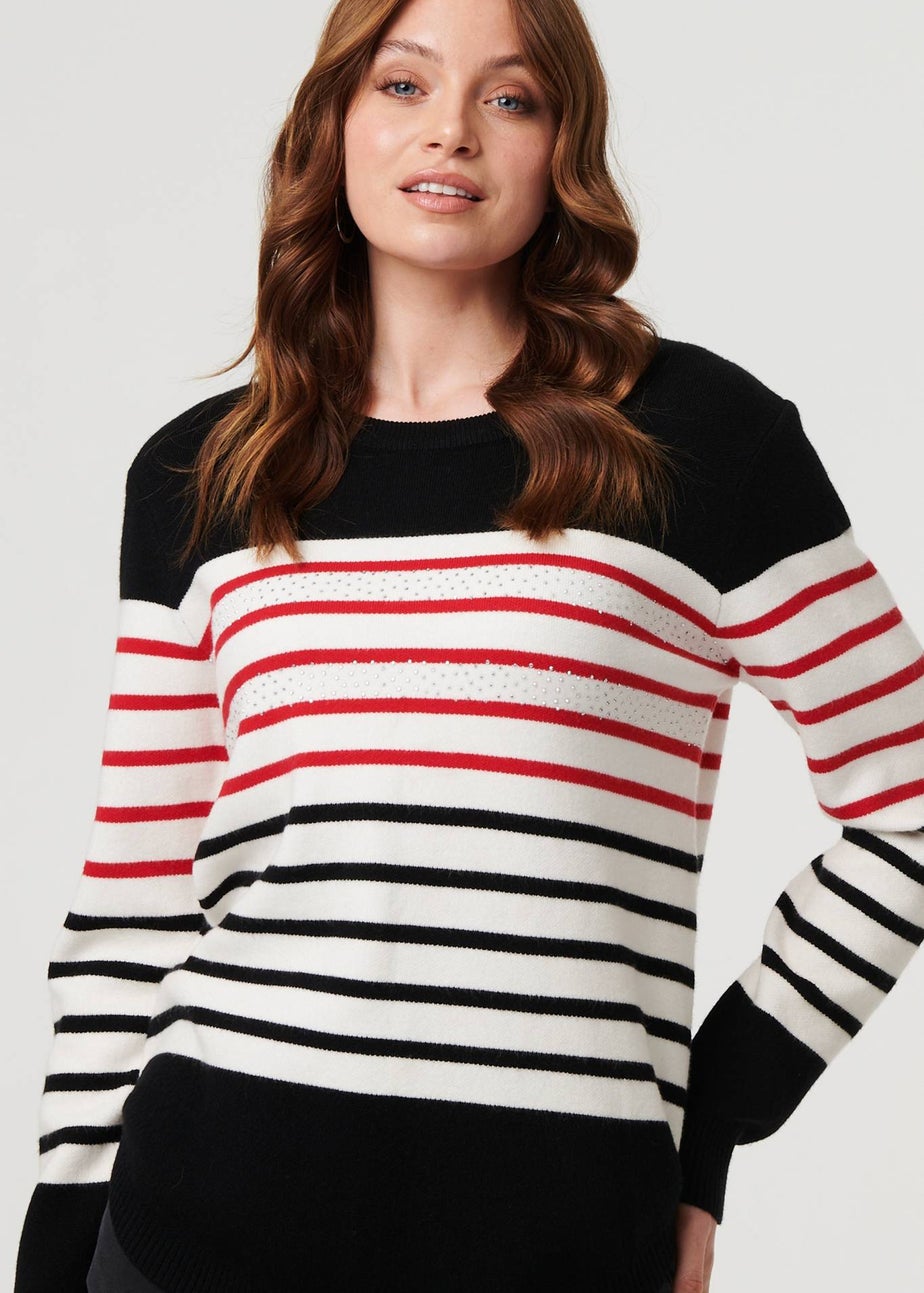 Izabel London Black Diamante Trim Striped Jumper