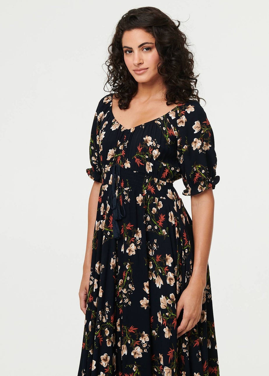 Izabel London Navy Floral Bardot Shirred Empire Maxi Dress