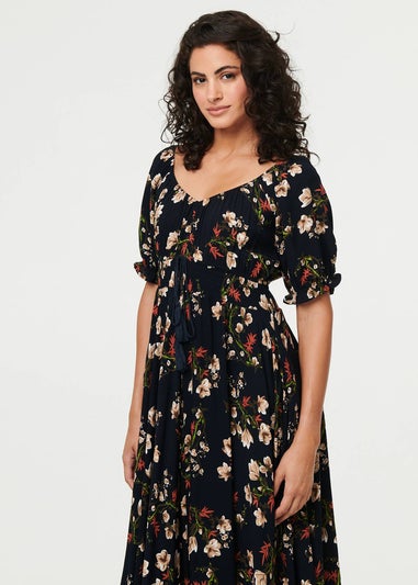 Izabel London Navy Floral Bardot Shirred Empire Maxi Dress
