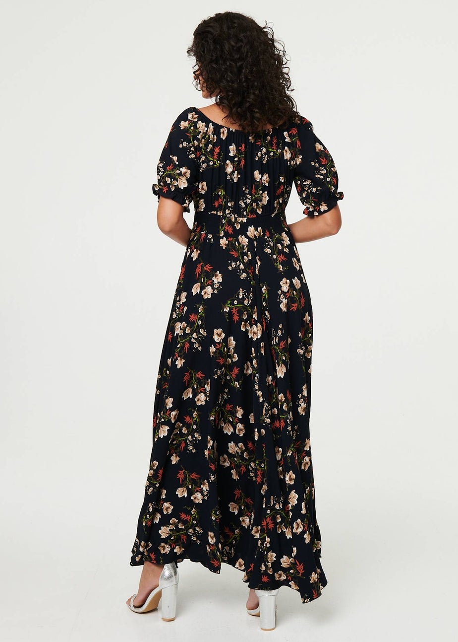 Izabel London Navy Floral Bardot Shirred Empire Maxi Dress