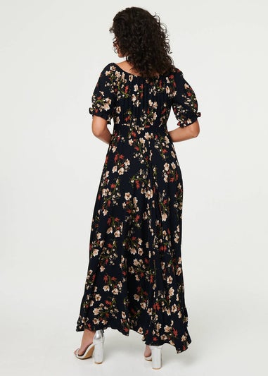 Izabel London Navy Floral Bardot Shirred Empire Maxi Dress
