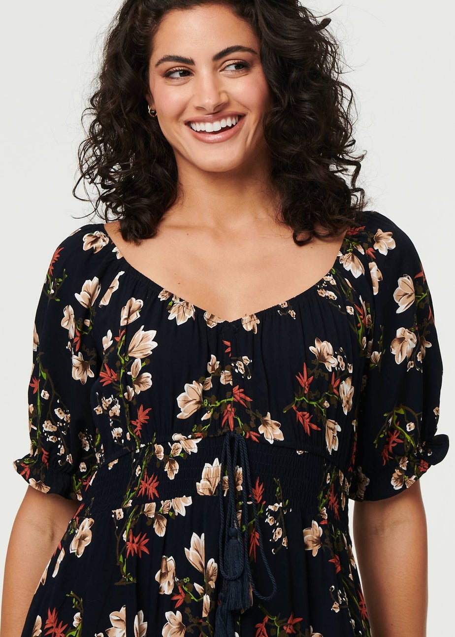 Izabel London Navy Floral Bardot Shirred Empire Maxi Dress