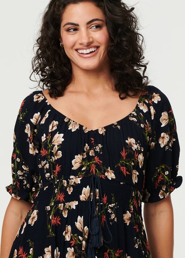 Izabel London Navy Floral Bardot Shirred Empire Maxi Dress