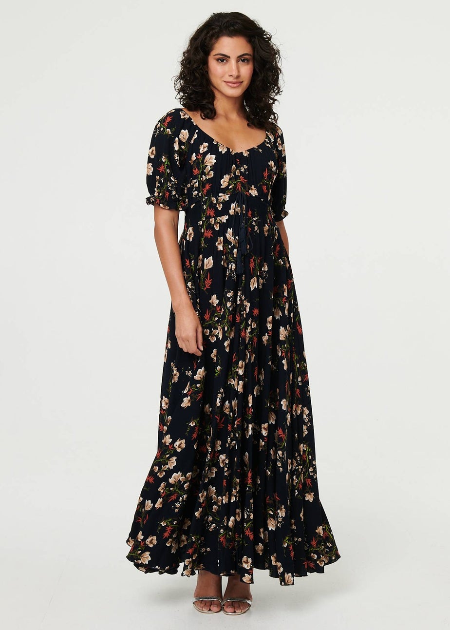 Izabel London Navy Floral Bardot Shirred Empire Maxi Dress