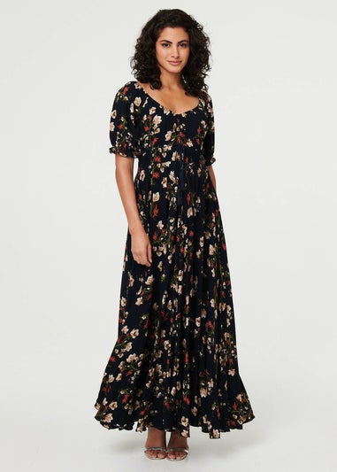 Izabel London Navy Floral Bardot Shirred Empire Maxi Dress