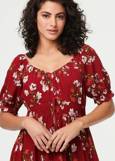 Izabel London Red Floral Bardot Shirred Empire Maxi Dress