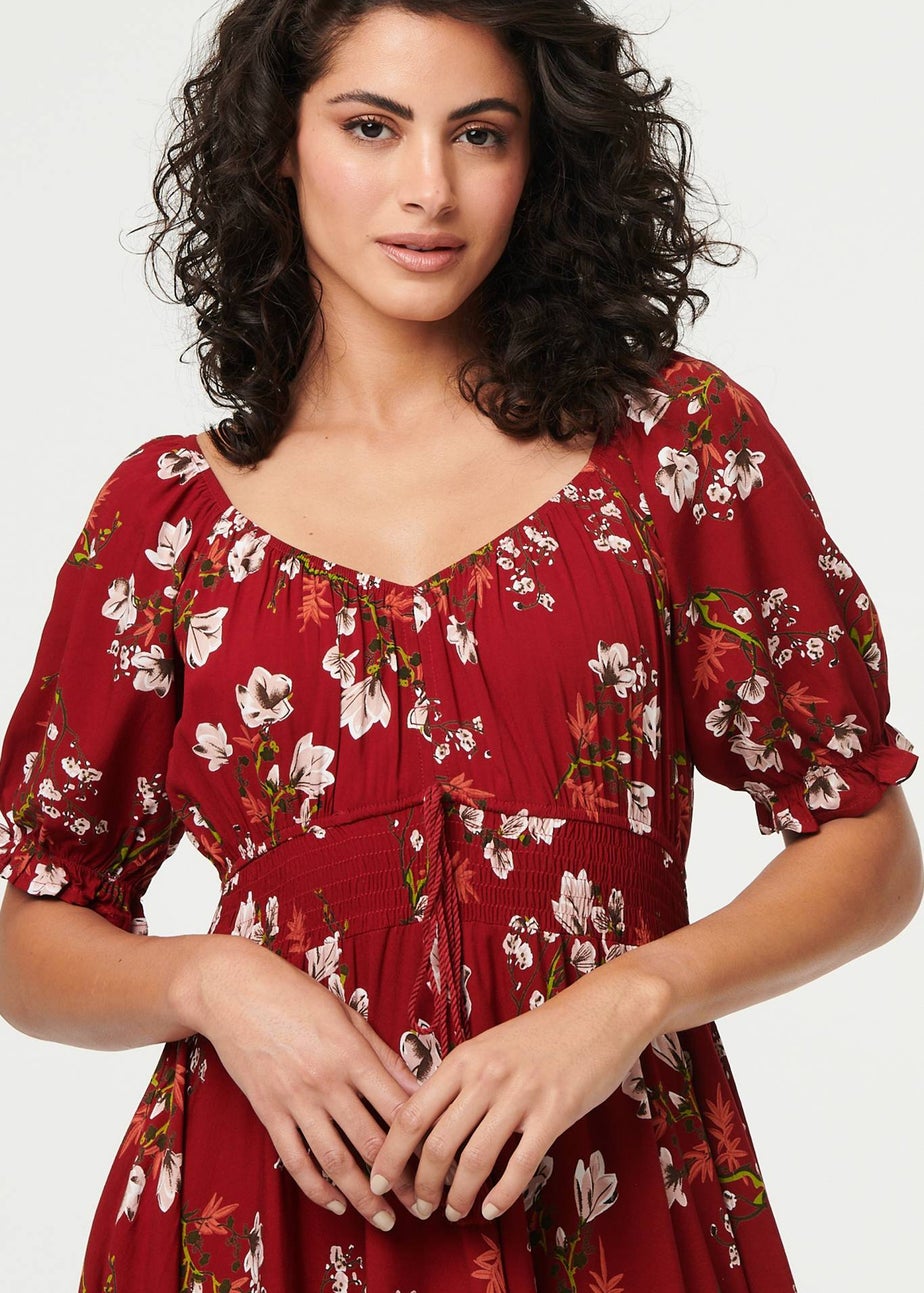 Izabel London Red Floral Bardot Shirred Empire Maxi Dress